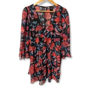 Trixxi cute bold Rose print long sleeve layered pink floral mini dress